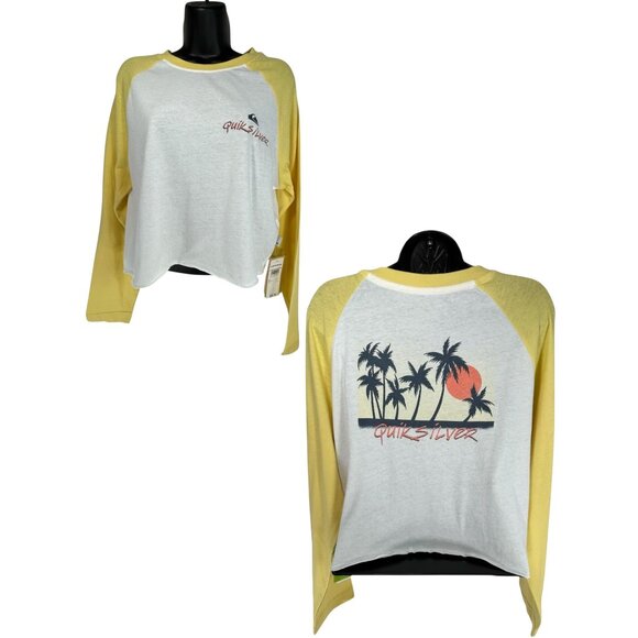 QUIKSILVER Colorblock Crop Tee Sz S Yellow White Logo Print Raglan Sleeve Cotton - Picture 1 of 14